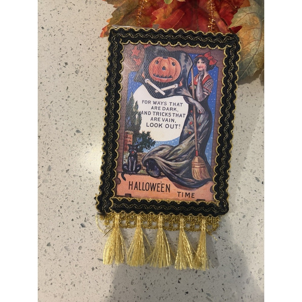 Handmade HALLOWEEN Ornament Upcycled Victorian Postcard Black Trim Tassels OOAK
